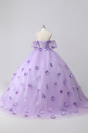 Robe de bal lilas scintillante à épaules dénudées à manches bouffantes Robe Quinceanera en tulle avec fleurs 3D